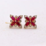 Natural Ruby Gemstone With Diamond 14k Yellow Gold Clover Stud Earring