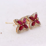 Natural Ruby Gemstone With Diamond 14k Yellow Gold Clover Stud Earring