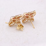 Natural Ruby Gemstone With Diamond 14k Yellow Gold Clover Stud Earring