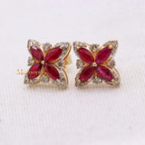 Natural Ruby Gemstone With Diamond 14k Yellow Gold Clover Stud Earring