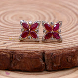 Natural Ruby Gemstone With Diamond 14k Yellow Gold Clover Stud Earring