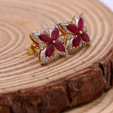 Natural Ruby Gemstone With Diamond 14k Yellow Gold Clover Stud Earring