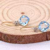 Beautiful Natural Blue Topaz Gemstone With Diamond 14k Yellow Gold Drop Earring