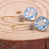 Beautiful Natural Blue Topaz Gemstone With Diamond 14k Yellow Gold Drop Earring