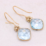 Beautiful Natural Blue Topaz Gemstone With Diamond 14k Yellow Gold Drop Earring