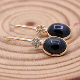 Natural Black Star Gemstone With Diamond 14k Yellow Gold Drop Earring