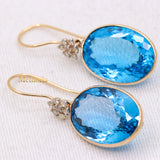 Natural Blue Topaz Gemstone With Diamond 14k Yellow Gold Drop Earring