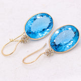 Natural Blue Topaz Gemstone With Diamond 14k Yellow Gold Drop Earring