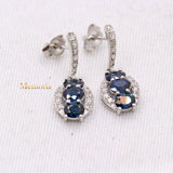 Natural Blue Sapphire Gemstone & Diamond 14k White Gold Drop Earring