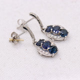 Natural Blue Sapphire Gemstone & Diamond 14k White Gold Drop Earring