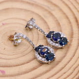 Natural Blue Sapphire Gemstone & Diamond 14k White Gold Drop Earring