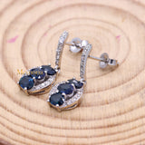 Natural Blue Sapphire Gemstone & Diamond 14k White Gold Drop Earring