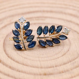 Leaf Shaped Natural Blue Sapphire & Diamond 14k Yellow Gold Earring