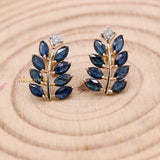 Leaf Shaped Natural Blue Sapphire & Diamond 14k Yellow Gold Earring