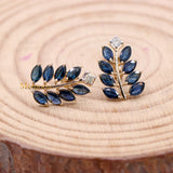 Leaf Shaped Natural Blue Sapphire & Diamond 14k Yellow Gold Earring