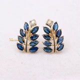 Leaf Shaped Natural Blue Sapphire & Diamond 14k Yellow Gold Earring