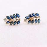 Leaf Shaped Natural Blue Sapphire & Diamond 14k Yellow Gold Earring