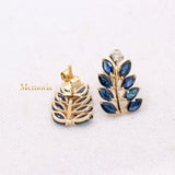 Leaf Shaped Natural Blue Sapphire & Diamond 14k Yellow Gold Earring