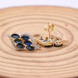 Unique Natural Blue Sapphire Gemstone & Diamond 14k Yellow Gold Stud Earring