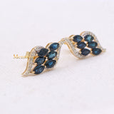 Unique Natural Blue Sapphire Gemstone & Diamond 14k Yellow Gold Stud Earring