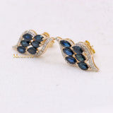 Unique Natural Blue Sapphire Gemstone & Diamond 14k Yellow Gold Stud Earring