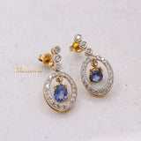 Natural Blue Sapphire Gemstone & Diamond 14k Yellow Gold Drop Earring