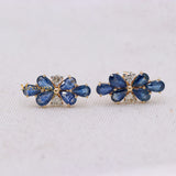 Floral Natural Blue Sapphire Gemstone & Diamond 14k Yellow Gold Stud Earring