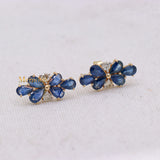 Floral Natural Blue Sapphire Gemstone & Diamond 14k Yellow Gold Stud Earring