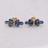 Floral Natural Blue Sapphire Gemstone & Diamond 14k Yellow Gold Stud Earring