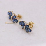 Floral Natural Blue Sapphire Gemstone & Diamond 14k Yellow Gold Stud Earring