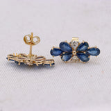 Floral Natural Blue Sapphire Gemstone & Diamond 14k Yellow Gold Stud Earring