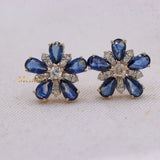 Floral Natural Blue Sapphire Gemstone & Diamond 14k Yellow Gold Stud Earring