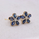 Floral Natural Blue Sapphire Gemstone & Diamond 14k Yellow Gold Stud Earring