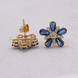 Floral Natural Blue Sapphire Gemstone & Diamond 14k Yellow Gold Stud Earring