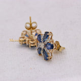 Floral Natural Blue Sapphire Gemstone & Diamond 14k Yellow Gold Stud Earring