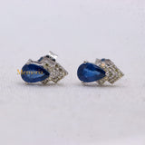 Natural Blue Sapphire Gemstone & Diamond 18k White Gold Classy Stud Earring