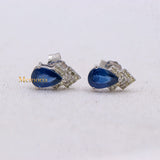 Natural Blue Sapphire Gemstone & Diamond 18k White Gold Classy Stud Earring