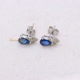 Natural Blue Sapphire Gemstone & Diamond 18k White Gold Classy Stud Earring