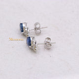 Natural Blue Sapphire Gemstone & Diamond 18k White Gold Classy Stud Earring