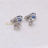 Natural Blue Sapphire Gemstone & Diamond 18k White Gold Classy Stud Earring