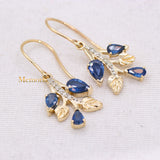 Leaf Shaped Natural Blue Sapphire Gemstone & Diamond 14k Yellow Gold Drop Earring