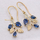 Leaf Shaped Natural Blue Sapphire Gemstone & Diamond 14k Yellow Gold Drop Earring