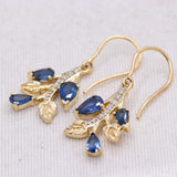 Leaf Shaped Natural Blue Sapphire Gemstone & Diamond 14k Yellow Gold Drop Earring