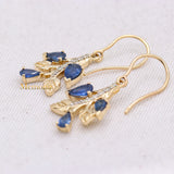 Leaf Shaped Natural Blue Sapphire Gemstone & Diamond 14k Yellow Gold Drop Earring