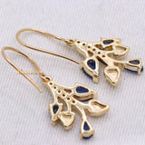 Leaf Shaped Natural Blue Sapphire Gemstone & Diamond 14k Yellow Gold Drop Earring