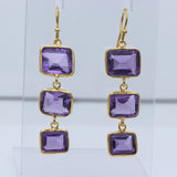 Amethyst Sterling Silver Dangle Earrings Triple Square Faceted Gemstone Drops.