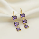 Amethyst Sterling Silver Dangle Earrings Triple Square Faceted Gemstone Drops.