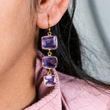 Amethyst Sterling Silver Dangle Earrings Triple Square Faceted Gemstone Drops.