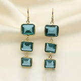 Green Tourmaline Sterling Silver Dangle Earrings Triple Square Faceted Gemstone Drops